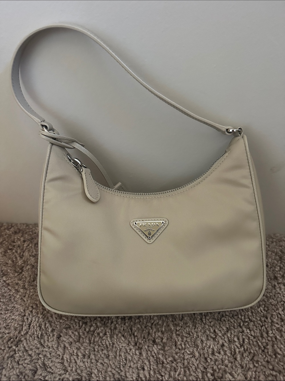 Prada Small Nylon re-edition Shoulder Bag in Light Beige